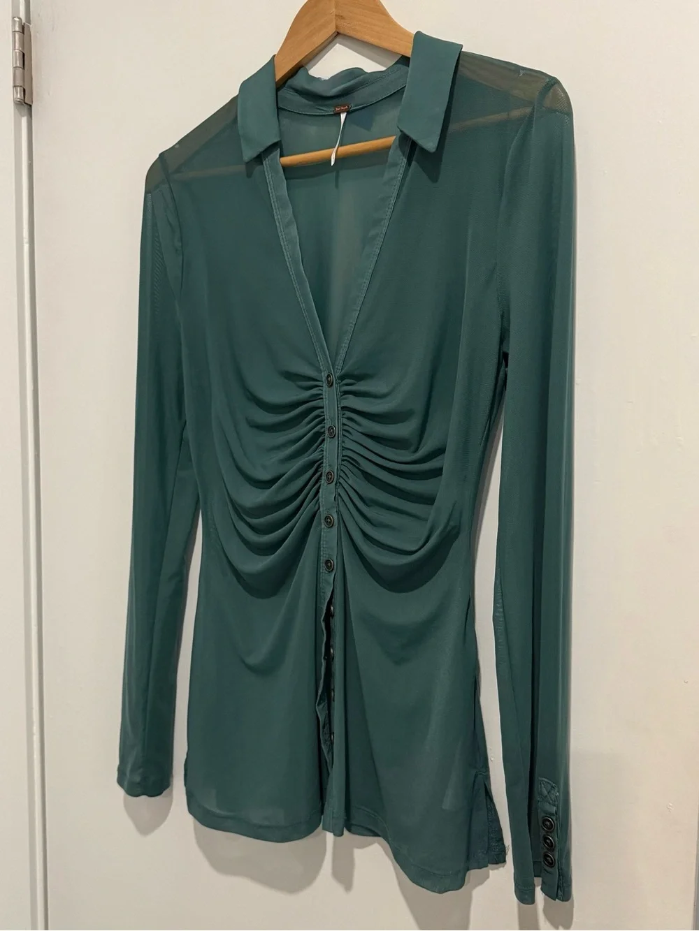 Free People Teal Green Sheer Mesh Ruched Button Front Blouse M